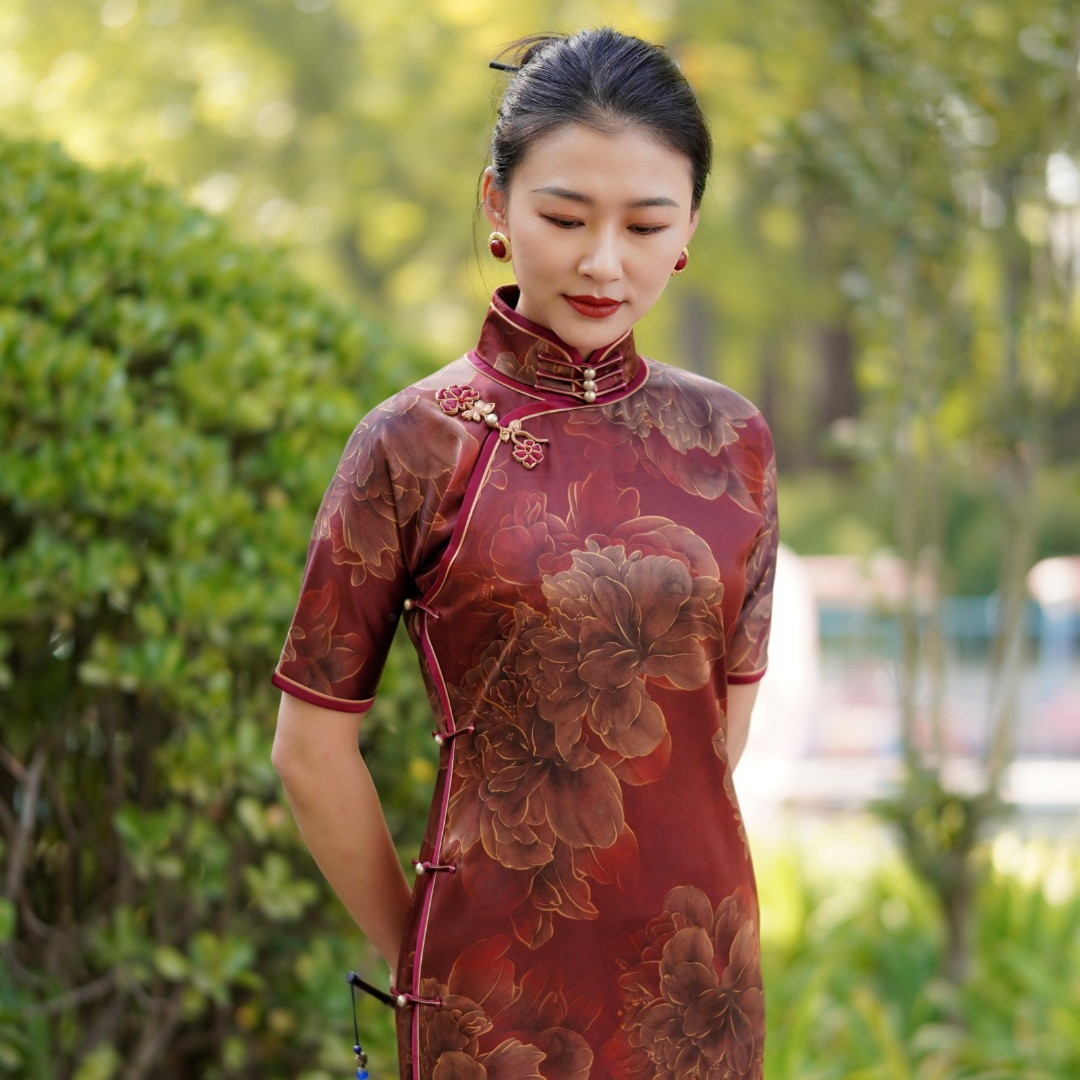 千帆旗袍 天香 50姆米牡丹重缎香云纱旗袍中国风旗袍婚礼旗袍