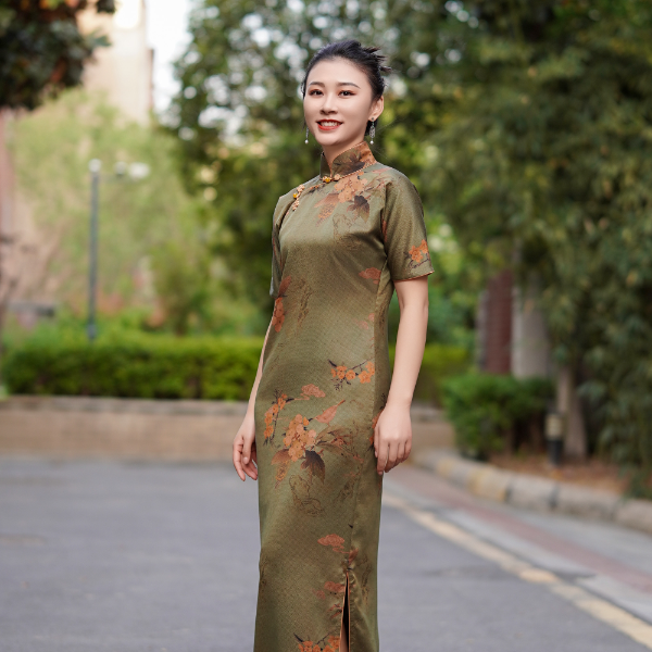 千帆旗袍 枇杷山雀 27姆米前喷珍珠缎香云纱古法旗袍 无省修身