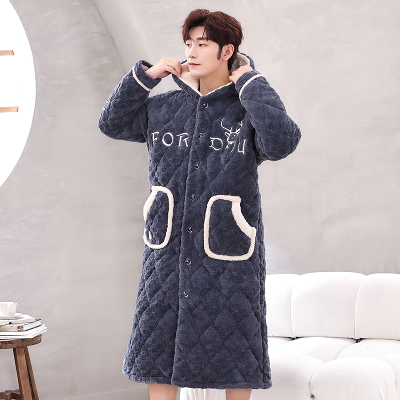 睡袍冬季男士加厚加绒三层夹棉御寒保暖珊瑚绒大码睡衣家居服浴袍