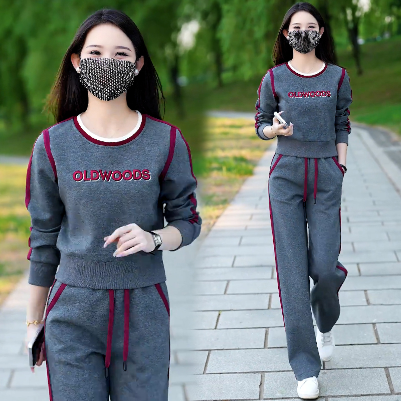 高含棉时尚运动服套装女2025春秋季新款宽松圆领卫衣直筒裤两件套