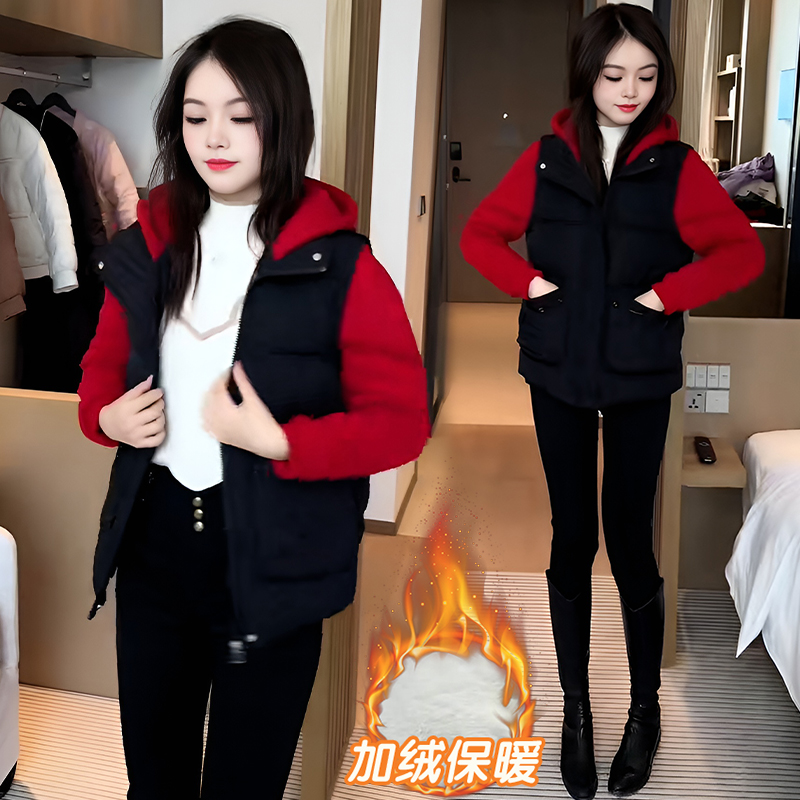 加绒加厚假两件派克服女士2024年冬季新款小个子时尚宽松连帽棉服