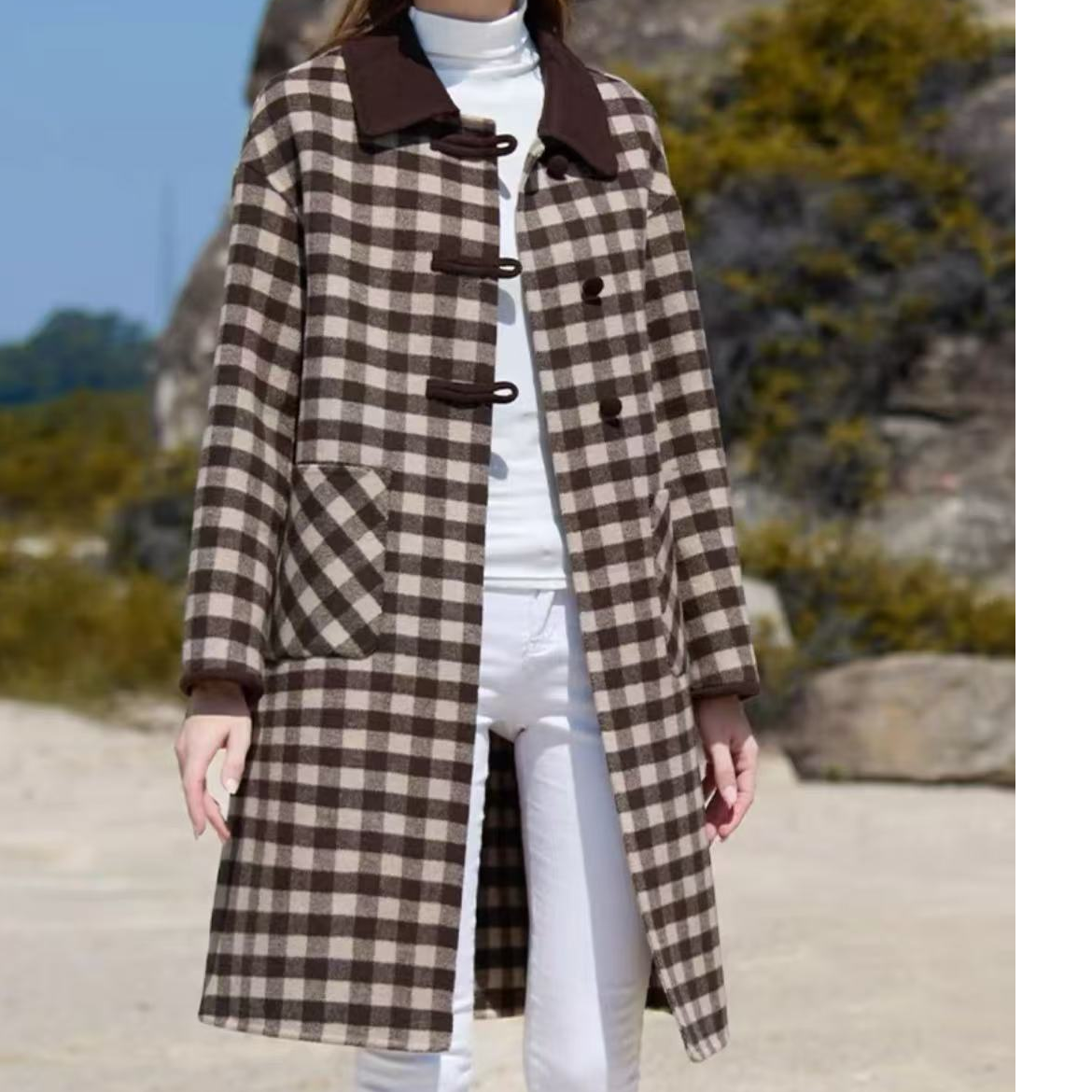 770长款格子澳洲毛羊100含量外套