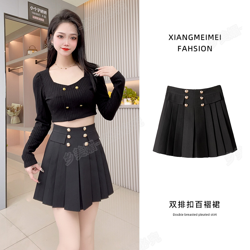 双排扣设计感百褶裙女2024新款高腰a字短裙黑色显瘦朋克风半身裙