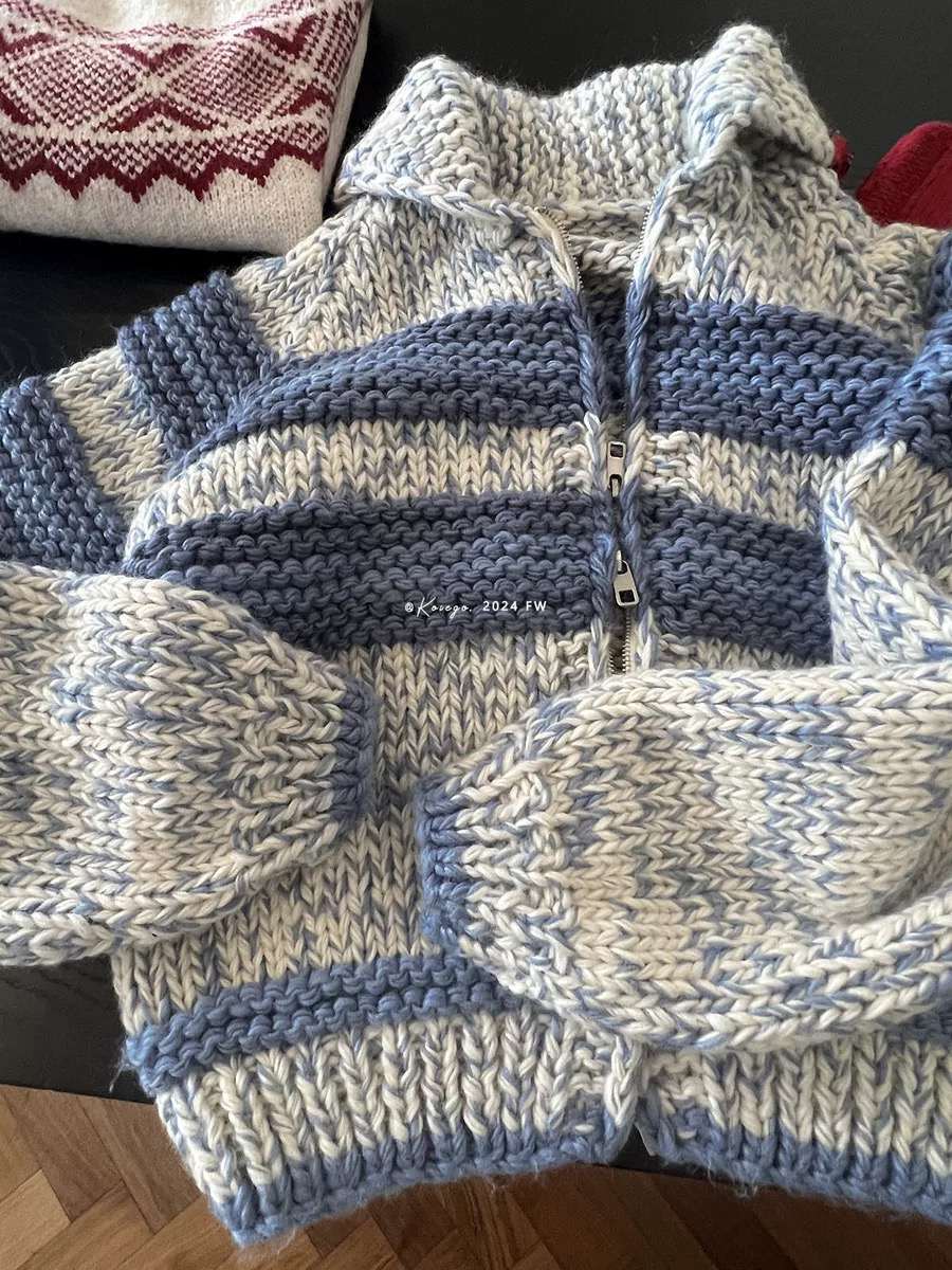 蓝色大海粗线针织秋冬开衫外套毛衣纯手工编织羊毛纱线慵懒感