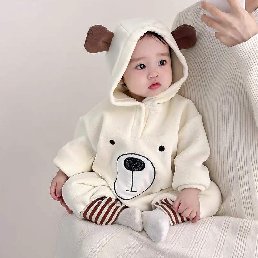 秋冬男女宝宝连帽哈衣外出服可爱小熊耳朵米色潮款婴儿衣服柔软