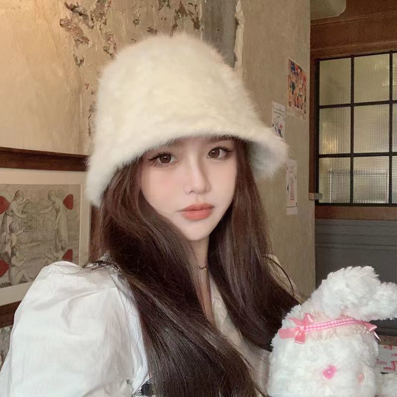 兔毛渔夫帽女秋冬季女士大头围毛绒水桶高级感显脸小白色帽子女款