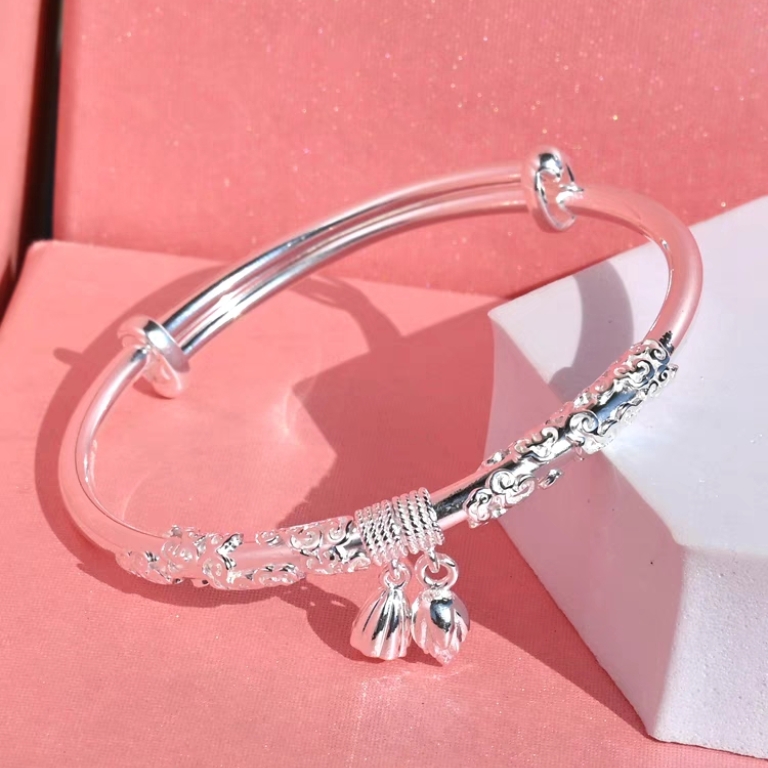 足银手镯 新款足银999.9两世欢祥云银手镯女实心推拉银镯子时尚