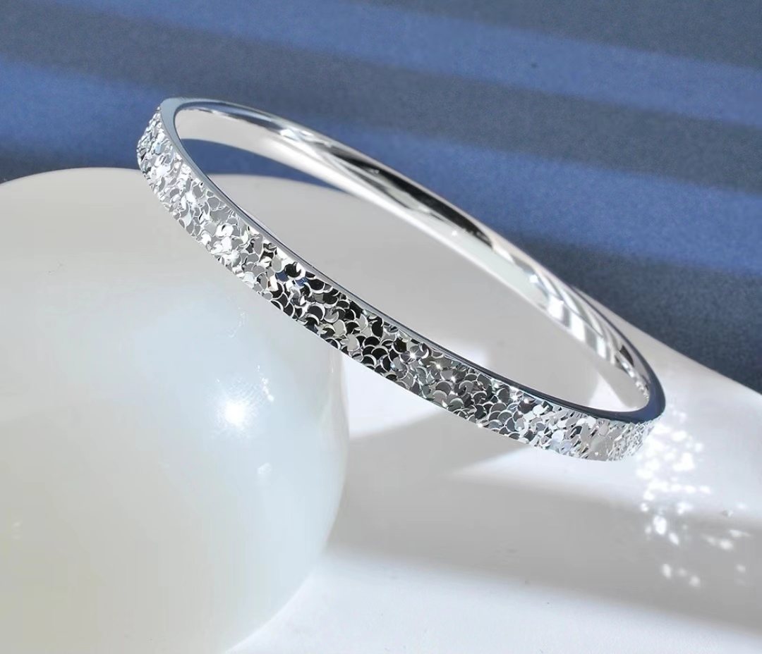 足银手镯 足银9999银手镯年轻款雪花碎碎冰银手镯新款手镯银镯子