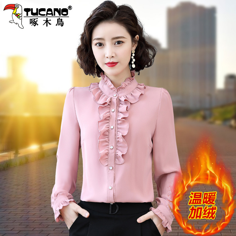 【官方】啄木鸟荷叶边雪纺衬衫女长袖春秋新款时尚百搭加绒打底衬衣