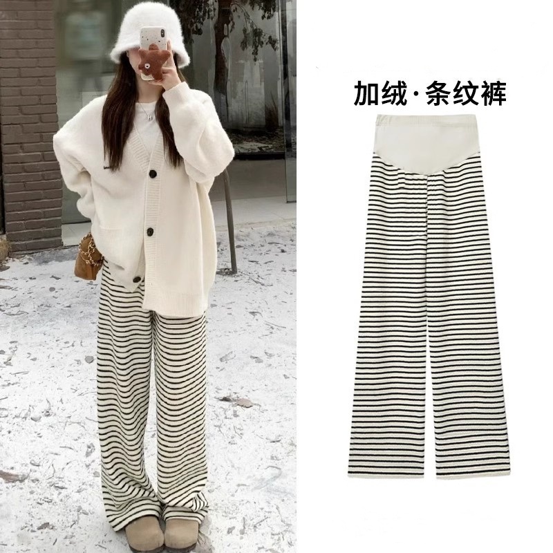 冬季孕妇裤加绒加厚外穿秋冬外穿垂感条纹阔腿裤直筒休闲裤孕妇装