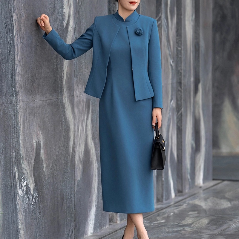 蓝色显瘦洋气气质套装2024秋季新款修身新中式纯色商务背心裙套装