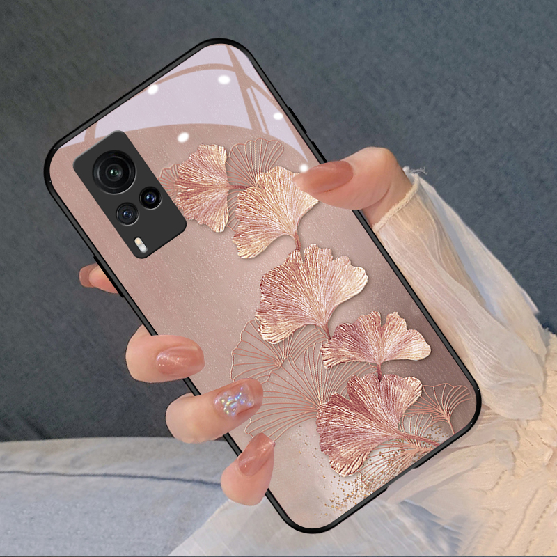 粉箔银杏适用vivox80手机壳新款x70Pro+时尚x50网红x30玻璃x27防