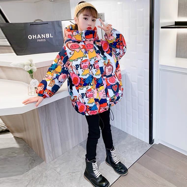 女童冬装棉衣2023新款洋气儿童冬季加厚棉服女孩涂鸦长款加厚棉袄