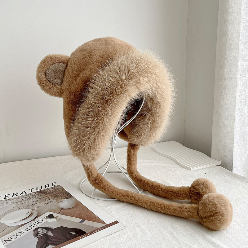 雷锋帽子女冬新款大头围针织毛绒加厚保暖东北防风小熊毛绒护耳帽