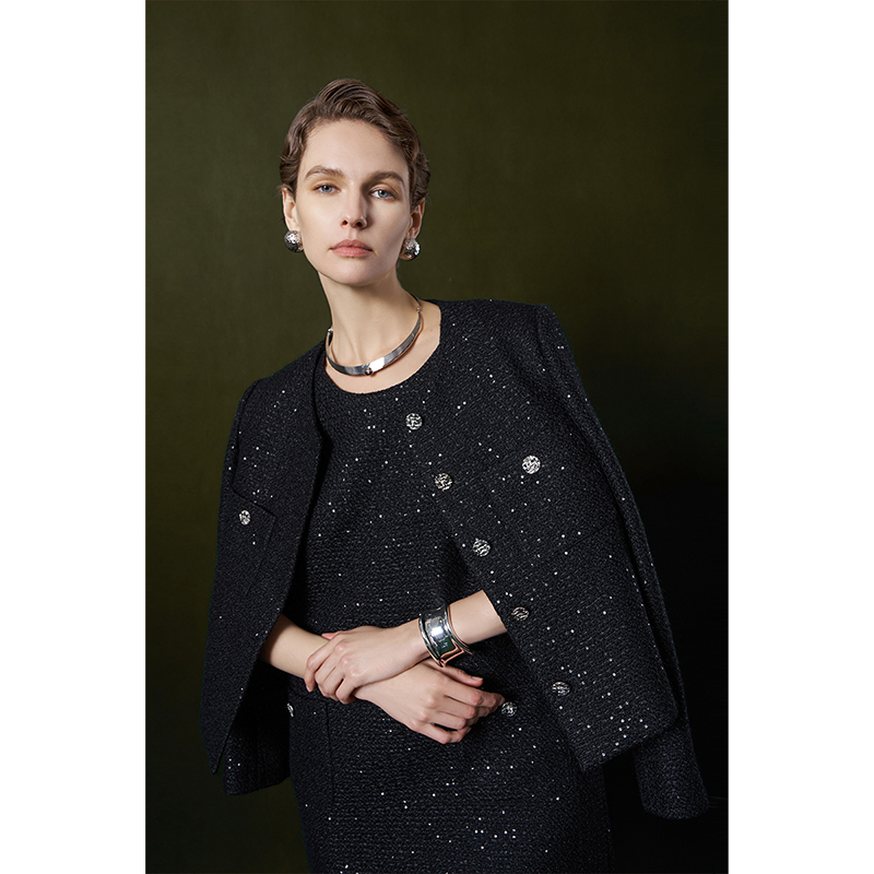 HERLAND她地【星河】时尚高级感小香风黑色外套直筒背心裙