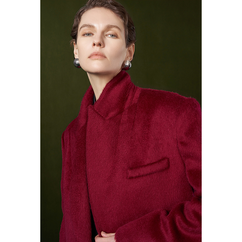 HERLAND她地【洛神】绵羊毛酒红毛呢大衣时尚高级感修身宽肩百搭