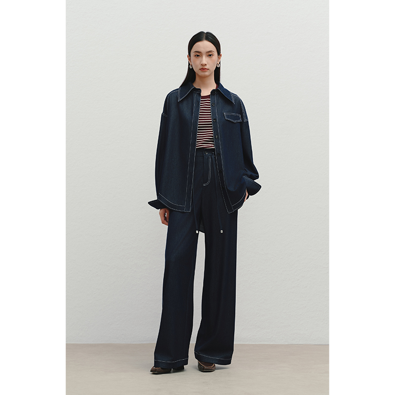 HERLAND她地【劳伦斯】高智淡人风牛仔外套复古港风阔腿裤长裤套装