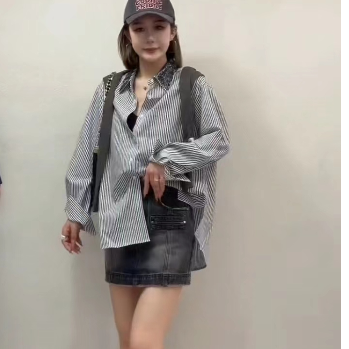 新款POLO领长袖重工中长款宽松休闲衬衫女