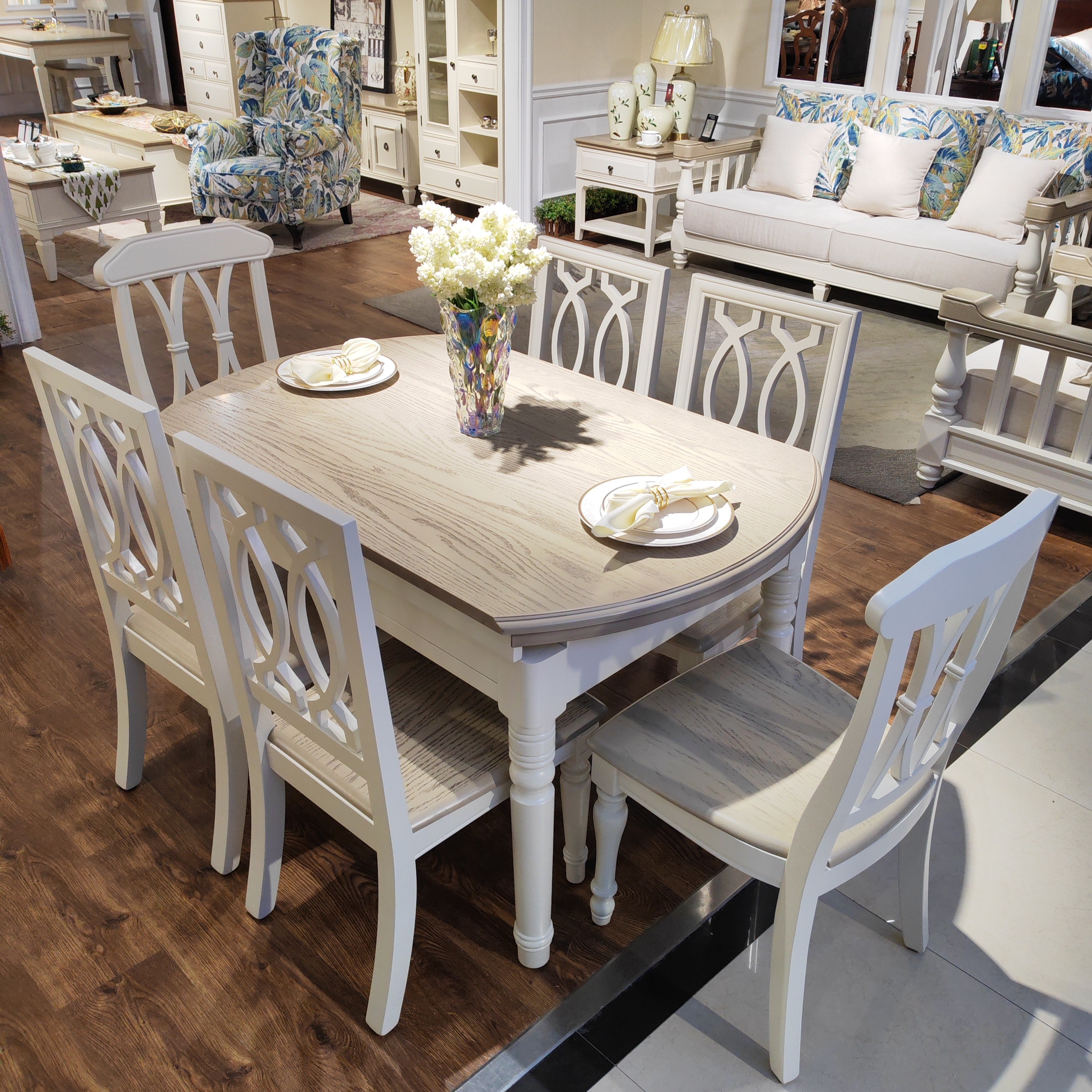 美式纯实木餐桌椅组合长方形折叠圆桌椭圆形跳台饭桌地中海白色