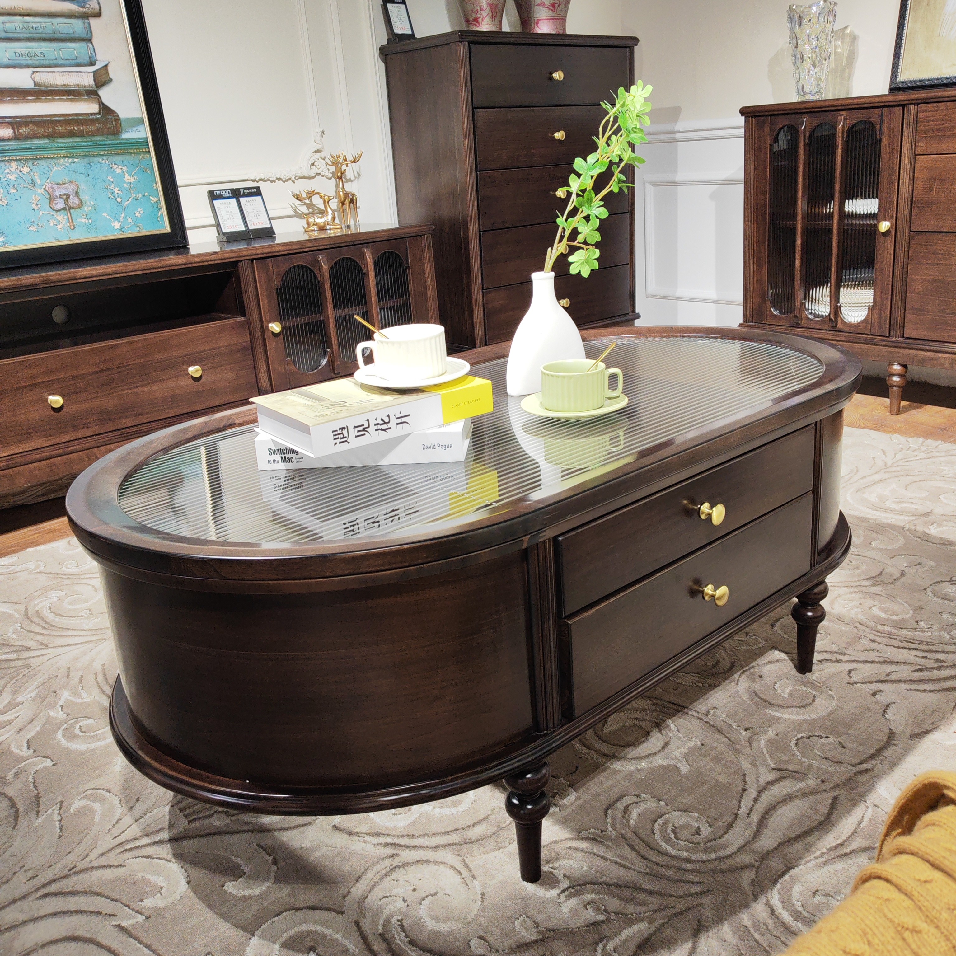 法式复古风茶几全实木纯原木椭圆形玻璃咖啡桌美式客厅小户型家具