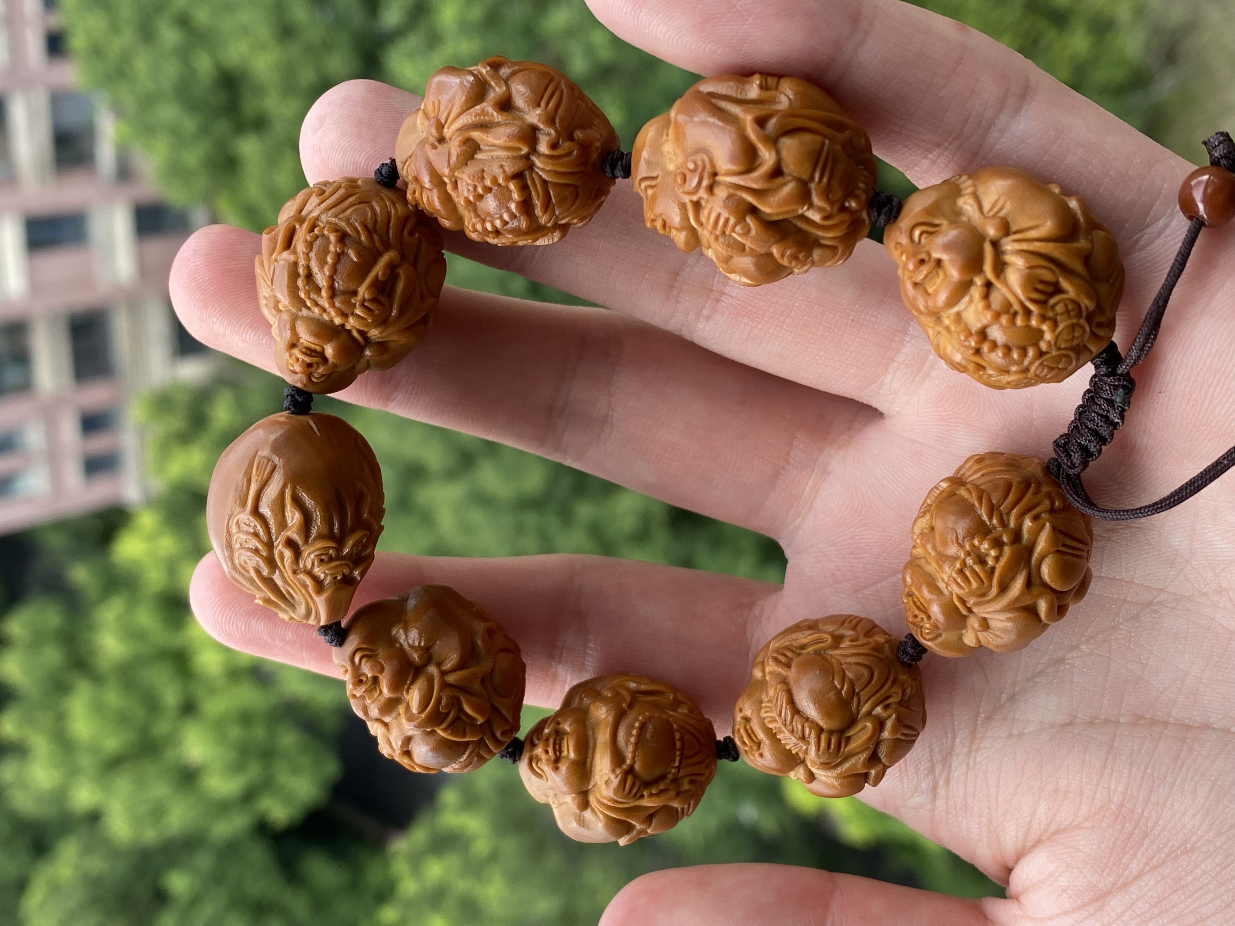 尺寸2.1八宝弥勒汪卫涛落款橄榄核核雕手串文玩手串开脸喜庆