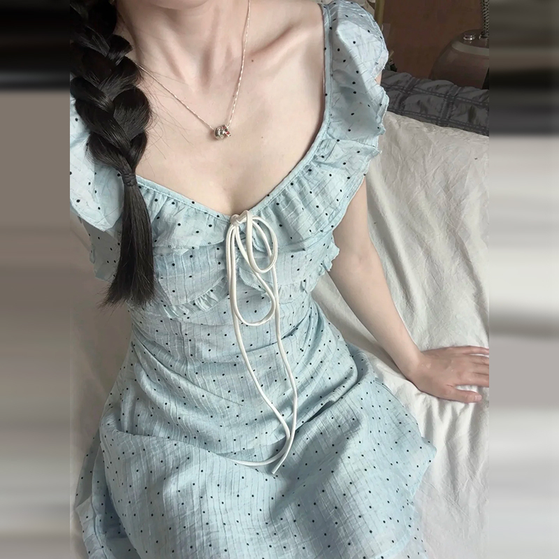 4347法式气质v领小飞袖蓝色连衣裙子夏季2025新款女装短裙