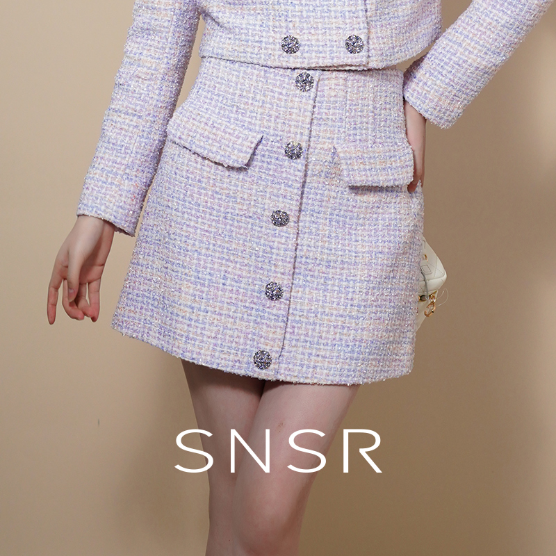 SNSR/圣妮思2025秋季新款玫瑰同款丁香紫小香风粗花呢A字短裙