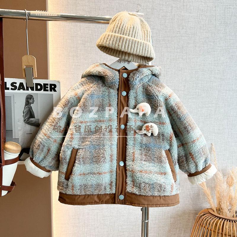 现货【蓝酪小象】夹棉毛绒外套2025冬季新款儿童韩版格加厚儿童上衣