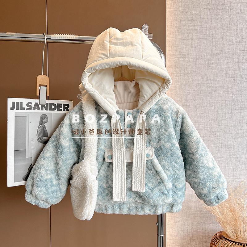 现货【冬宜雪】夹棉外套2024冬季新款毛毛连帽韩版休闲加厚男宝棉服