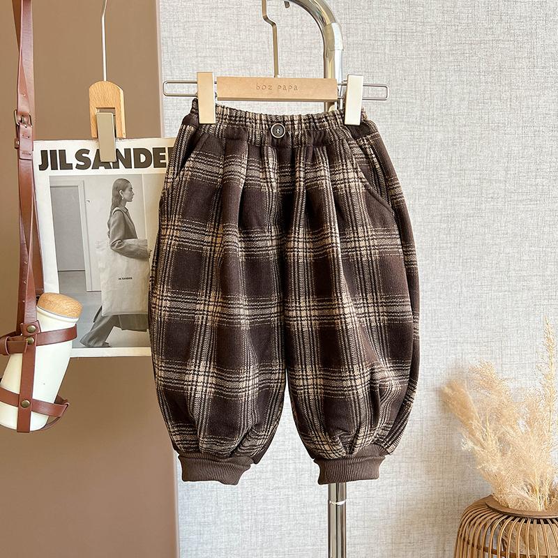 啵小爸【赫本的花园】2025秋冬季男童休闲英伦绅士格纹加绒束脚裤子