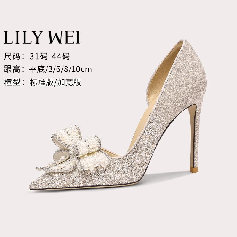 Lily Wei【百合】法式高跟鞋女珍珠蝴蝶结女单鞋大码41一43婚鞋