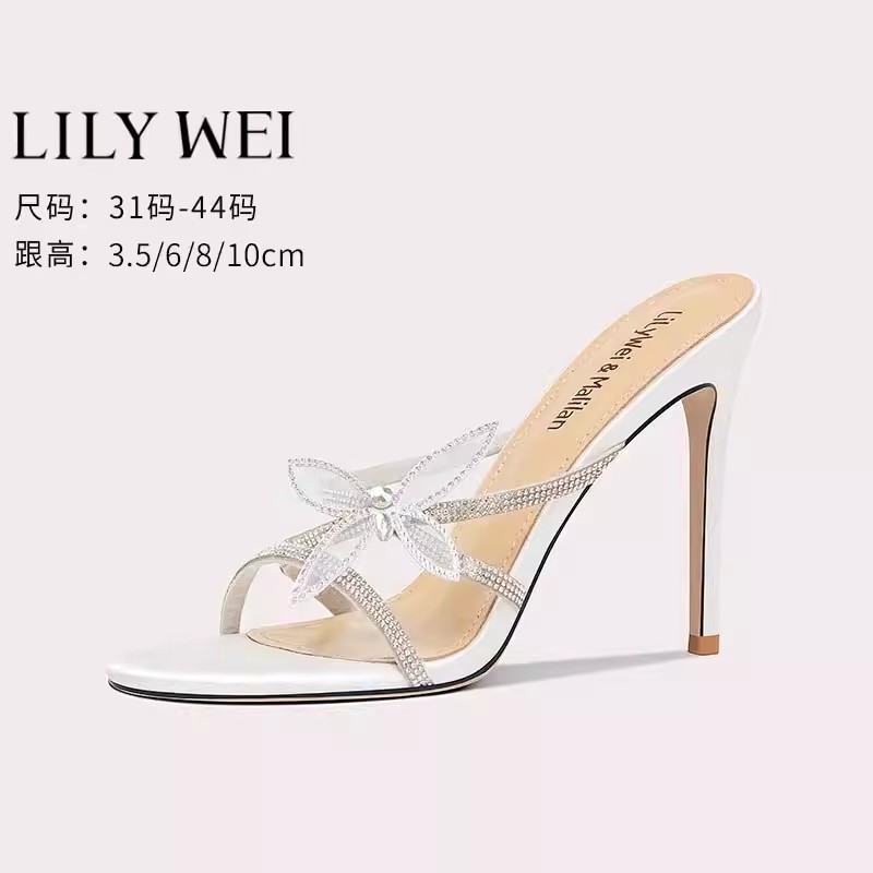 Lily Wei【蝶梦】气质网红绝美凉拖鞋夏天斩男细跟白色高跟鞋小码