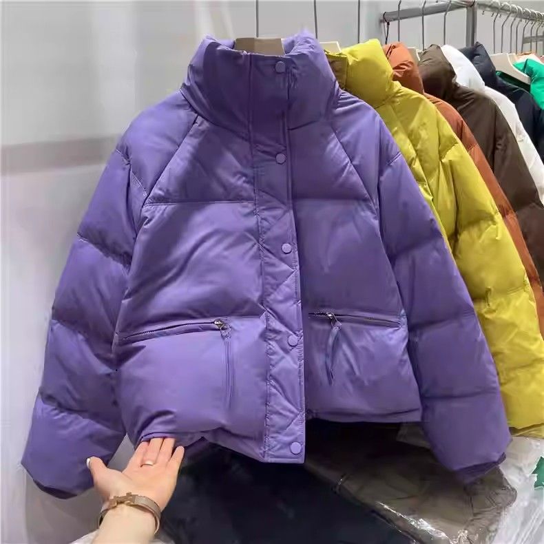 新款欧货紫色短款羽绒服女2023冬季新款小个子炸街加厚保暖外套