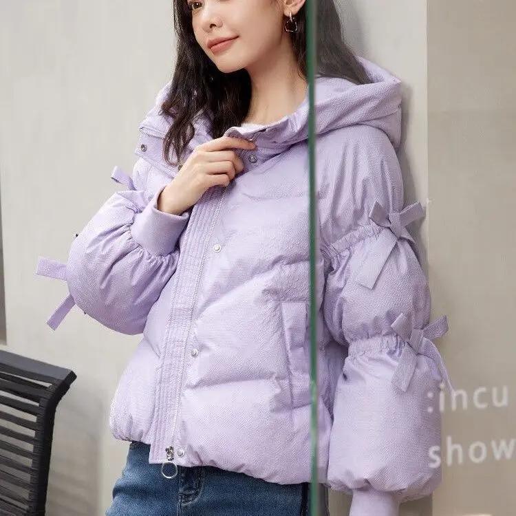 小个子短款羽绒服女冬2023新款日系甜美宽松灯笼袖连帽秋冬外套潮