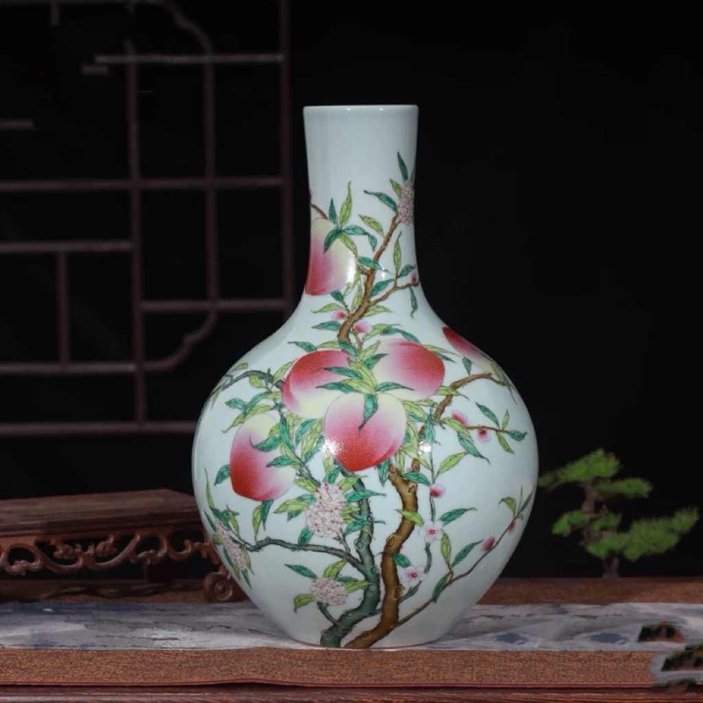 粉彩雍正 仿乾隆粉彩八九桃福寿纹天球瓶 手绘精品仙桃花瓶花瓶