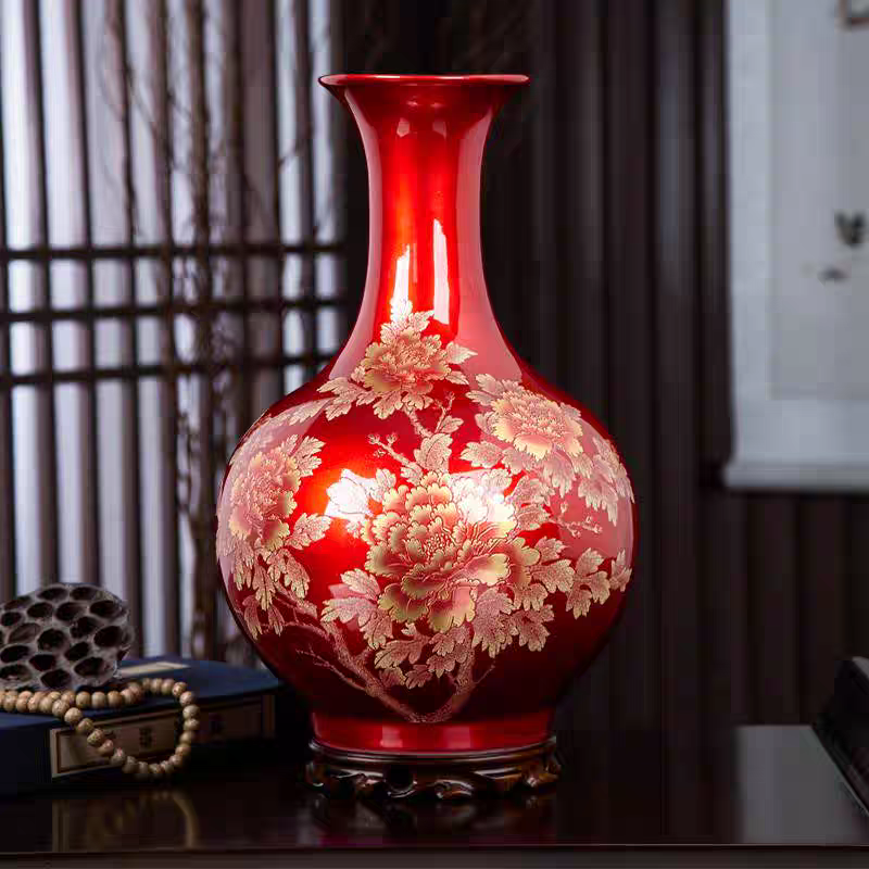 高档陶瓷花瓶景德镇红色牡丹中式客厅电视柜插花装饰品瓷瓶摆件