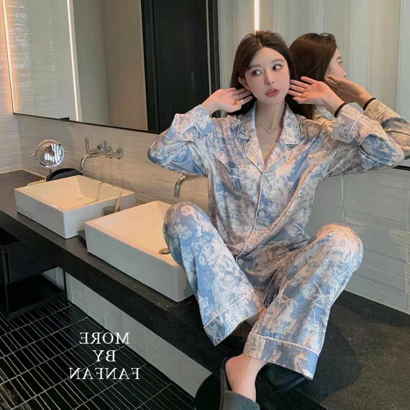 简丹生活【奶泡冰川蓝】女士睡衣春秋款长袖大码网红时尚家居服套装