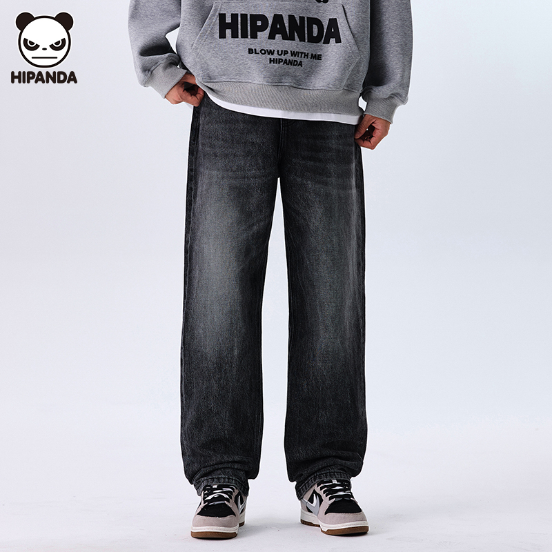 HiPanda秋季复古黑牛仔裤男士男款后袋直筒长裤裤子微喇裤弯刀