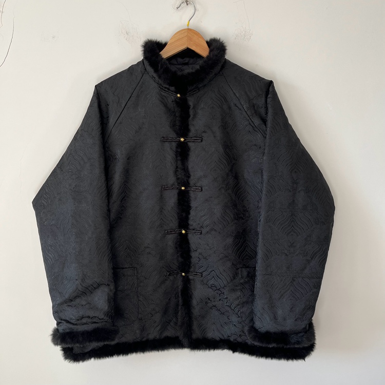 黑色海浪纹织锦缎提花改良中国风男雕花铜盘扣一字扣潮流棉服唐装