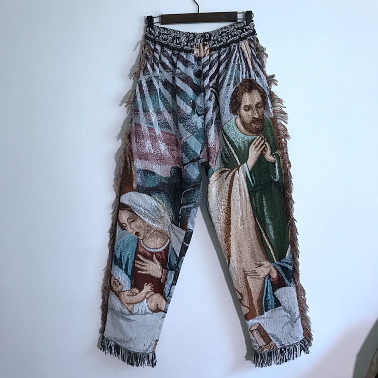 梭织图案原创设计师钞票福克斯同款remake流苏宽松男装休闲长裤