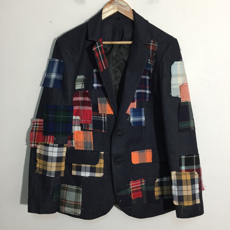 深蓝色牛仔格纹毛边百家布拼接复古日系原宿街头男休闲外套西服装