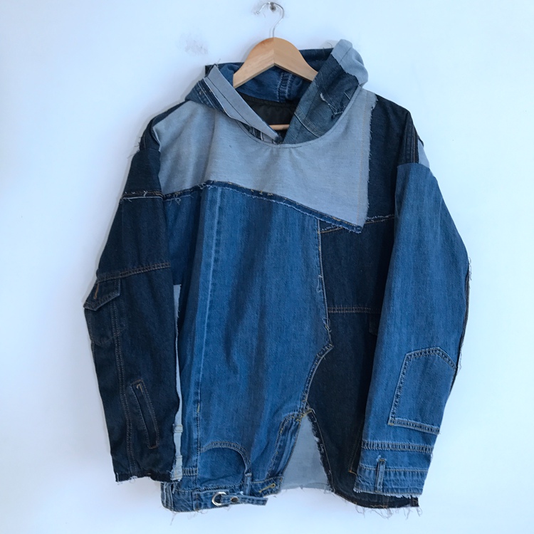 牛仔解构重组GL风格乞丐毛边破烂设计师街拍个性连帽宽松套头休闲
