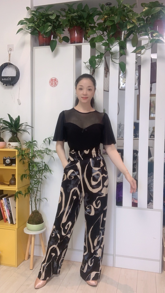 【惠莹】夏款仿真丝抽象花纹高腰魔术贴显瘦直筒裤