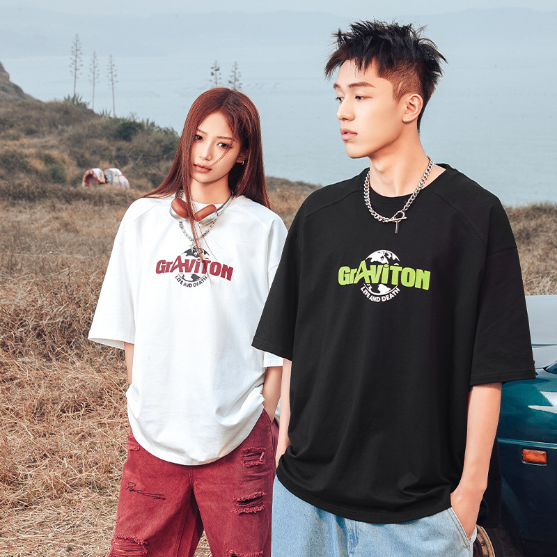 美式休闲字母撞色印花T恤男女夏季新款纯棉休闲宽松圆领情侣体恤