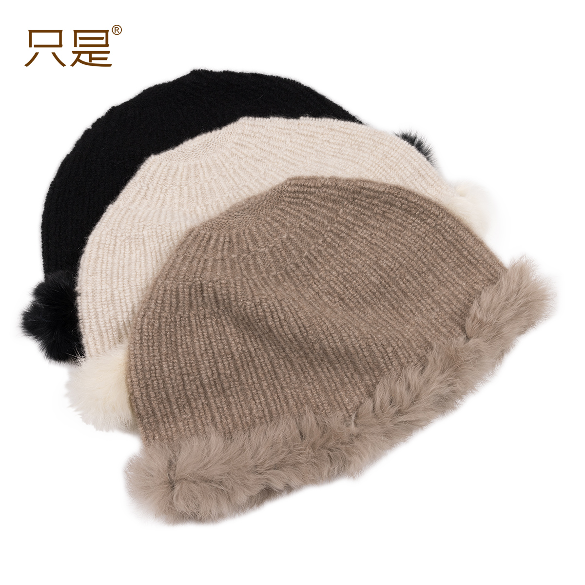 只是100%羊绒意单高奢大头围獭兔帽盆帽针织帽女冬季保暖毛线帽子