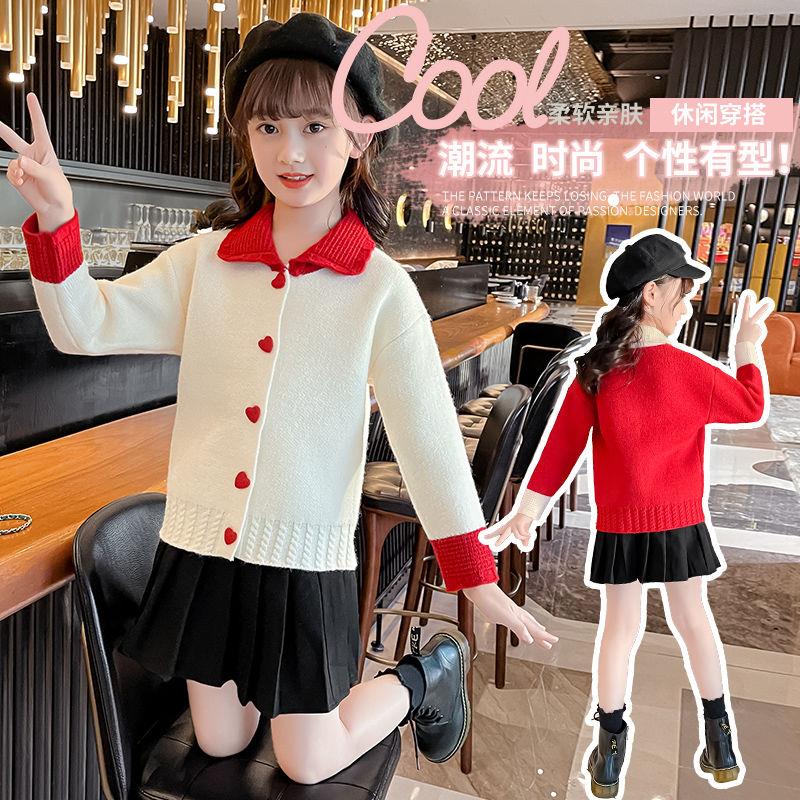 女童针织开衫2024秋装新款韩版洋气女宝宝网红娃娃领毛衣外套上衣
