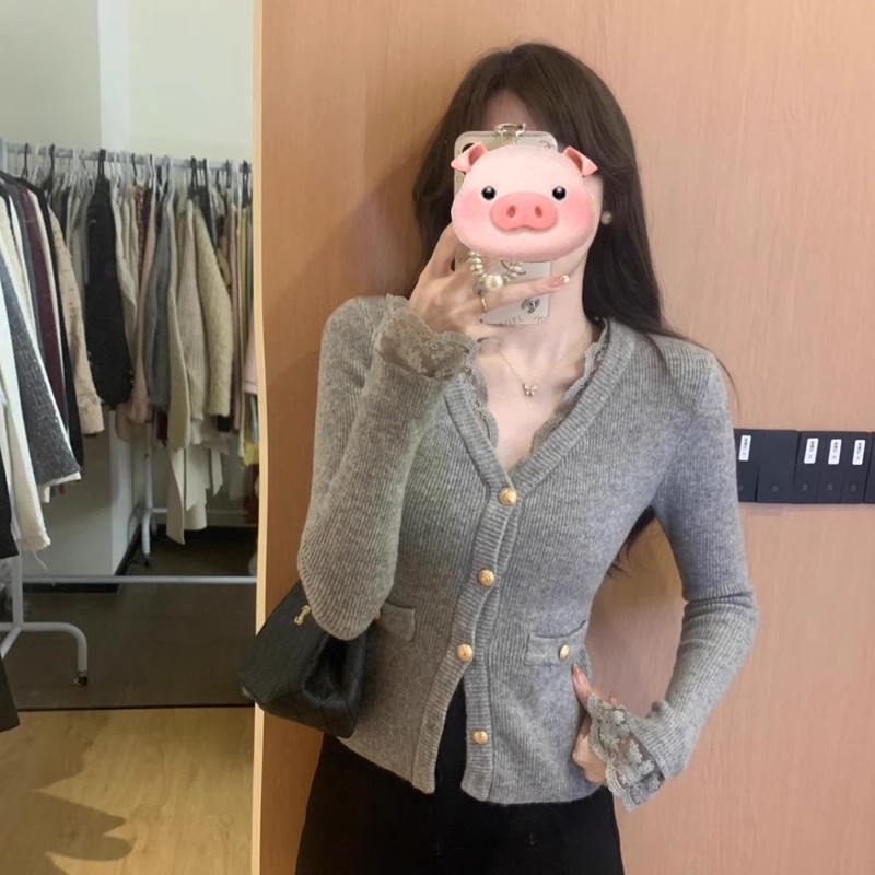 小香风蕾丝拼接v领针织开衫女春季修身洋气短款小个子上衣外套
