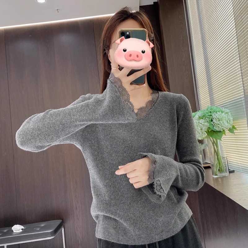 设计感灰色蕾丝花边v领针织衫女秋冬韩系穿搭独特超好看气质上衣