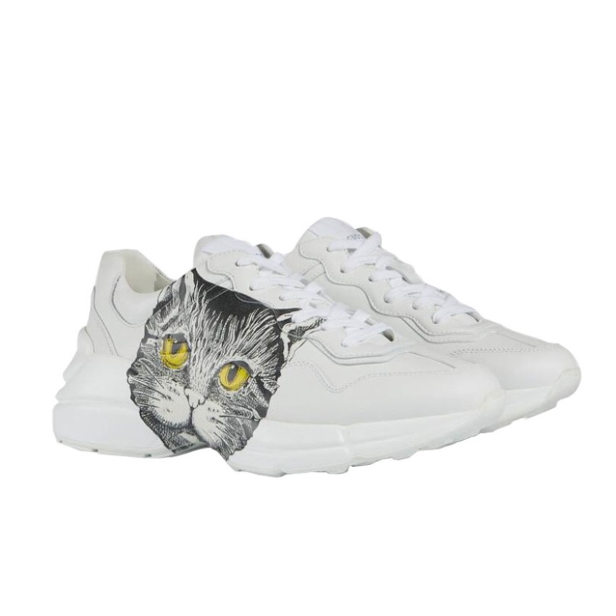 未使用 GUCCI/古驰 运动休闲老爹鞋白色小猫猫咪图案时尚印花低帮