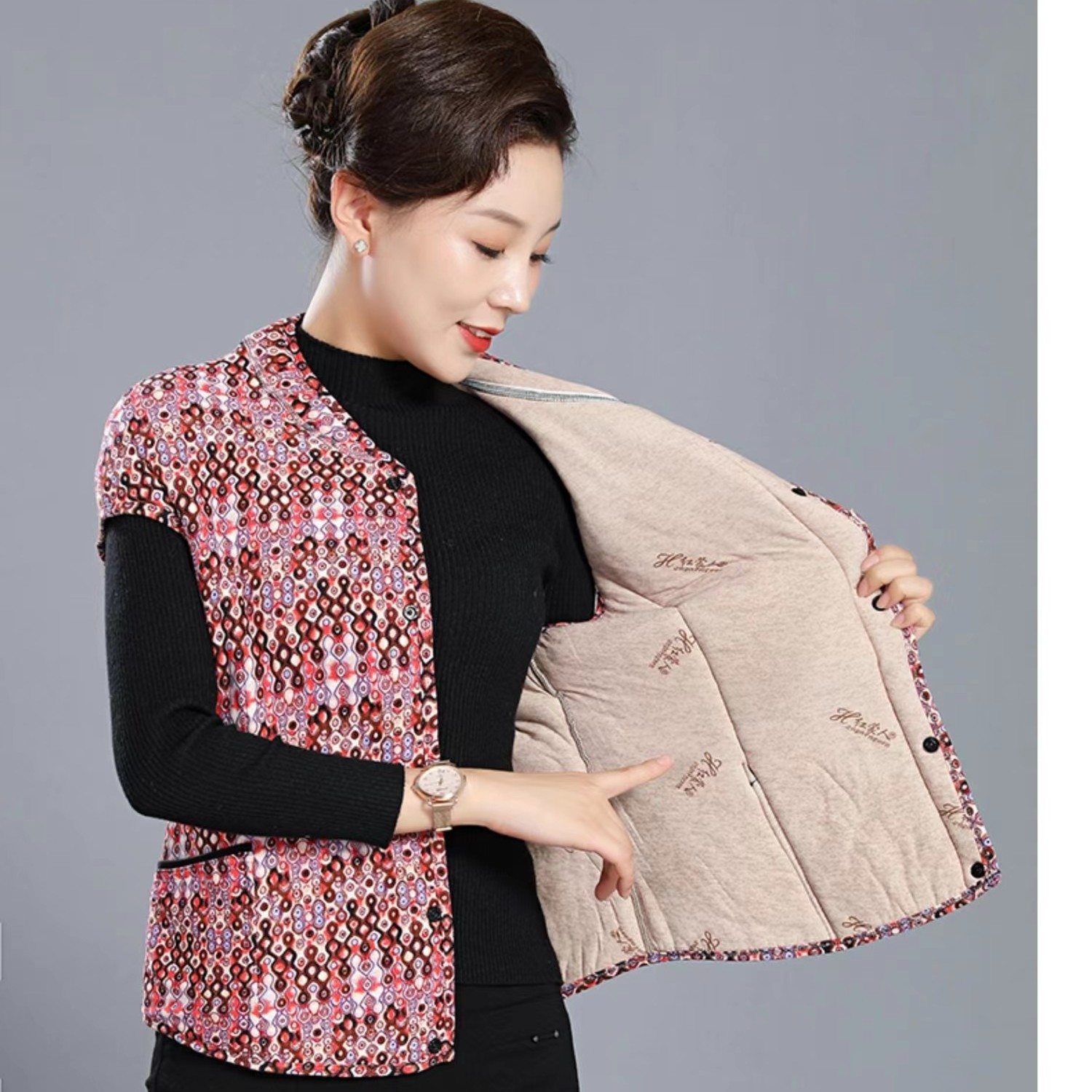 （微瑕特价不退换）妈妈半袖袄冬季中老年外穿打底五分袖棉袄